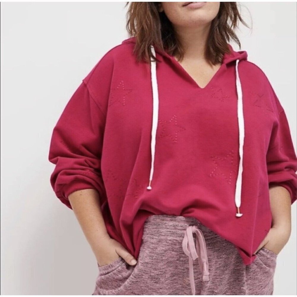 Saturday Sunday Starry Cropped Hoodie Pink Anthropologie LARGE Hooded Sweatshirt